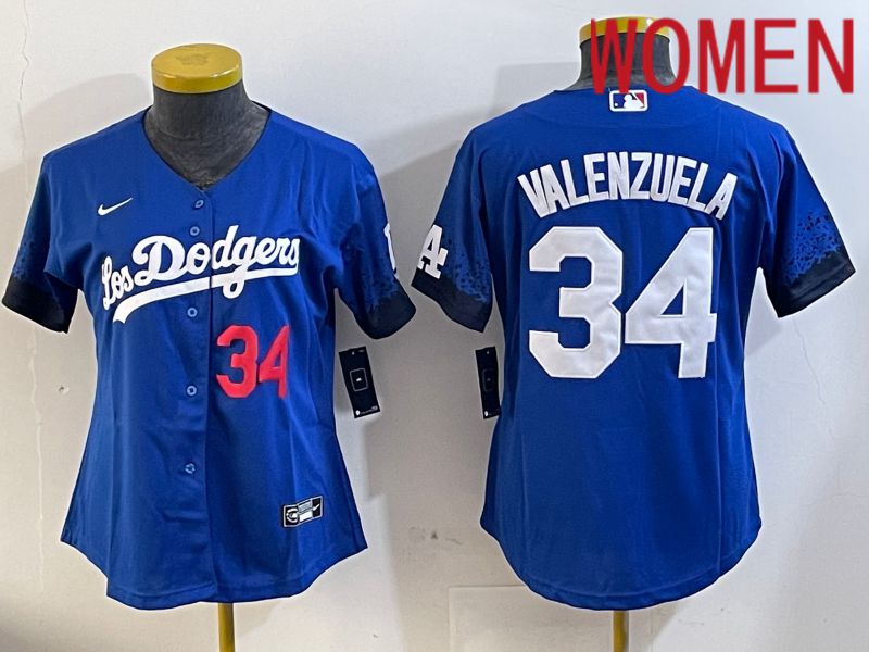 Women Los Angeles Dodgers 34 Valenzuela 2024 blue jersey 2024112007